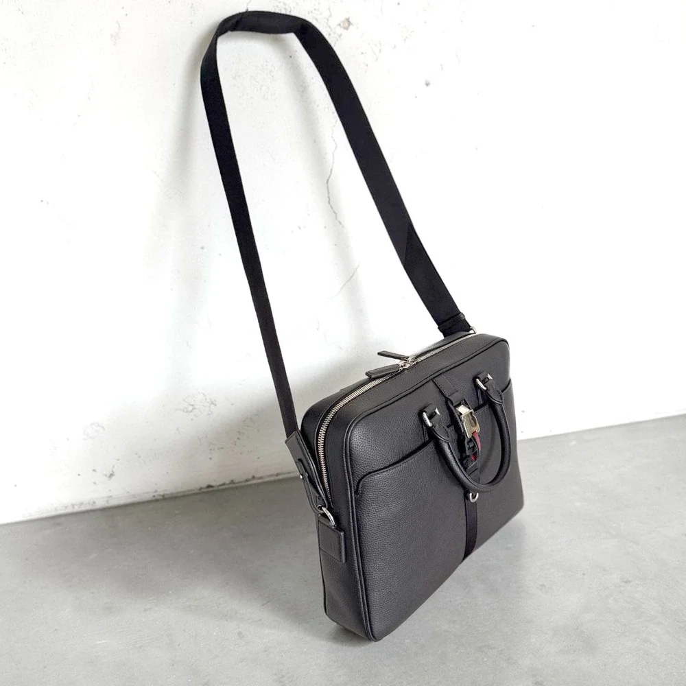 Gucci Men's 816767 Black Webbing-Trimmed Full-Grain Leather Briefcase, NWT